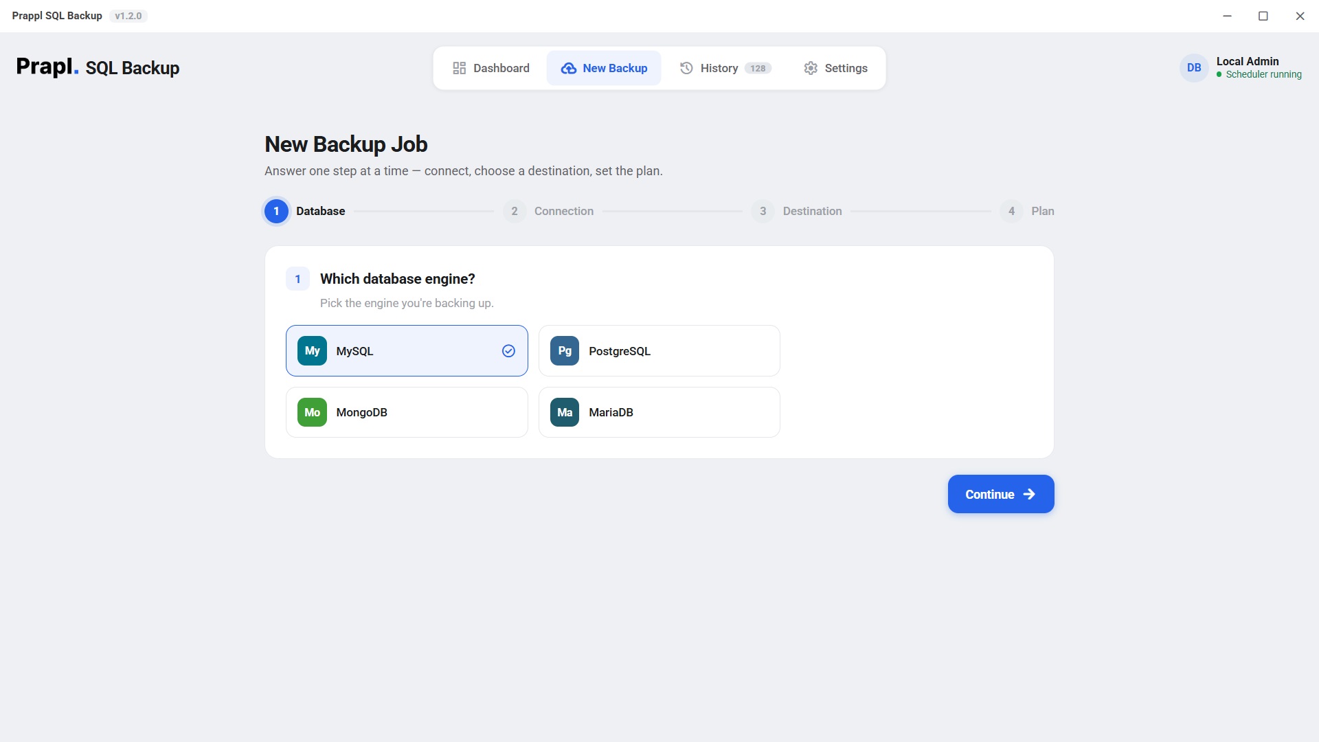 New Backup wizard step 1 — choosing the MongoDB database engine