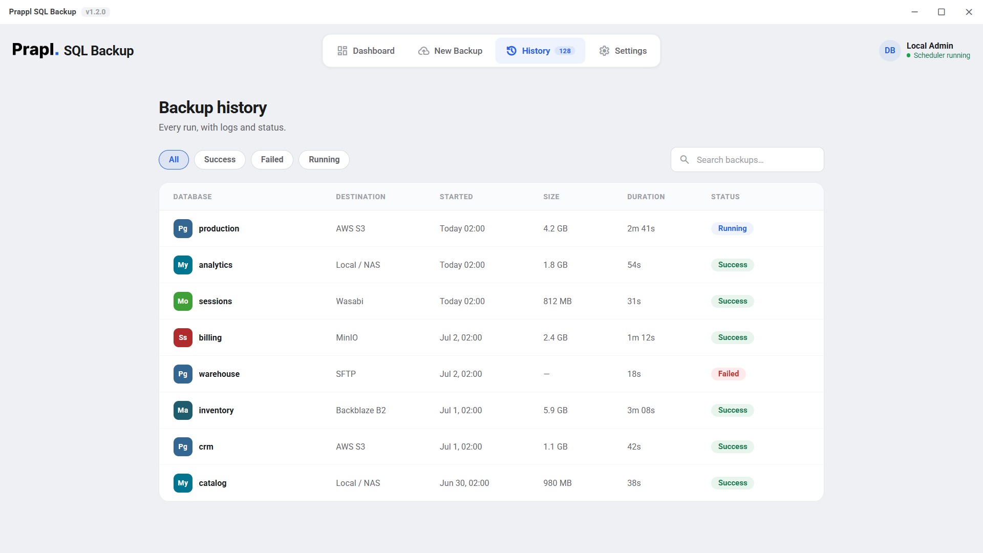 Backup history screen listing every run with size, duration and status